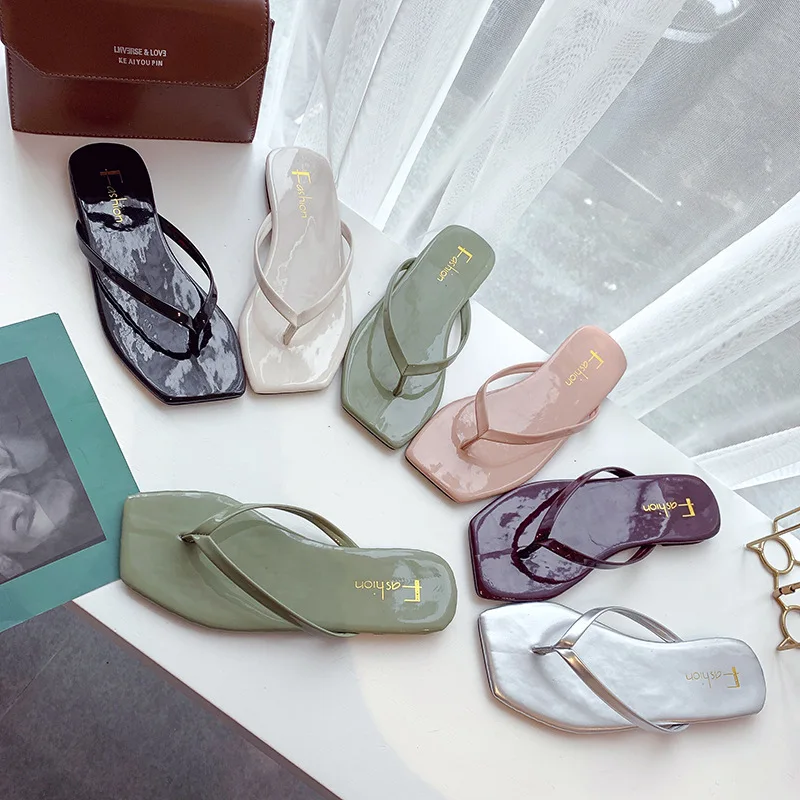 

Women 2021 Summer Sandals new Korean version of square toe flip flops fashion outer wear beach slippers
