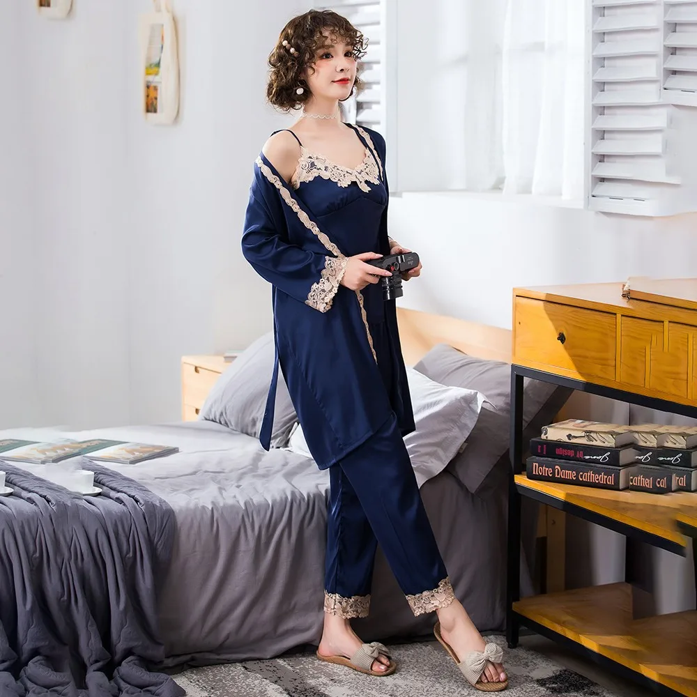 

Autumn New Sleepwear Women Sexy Kimono Bathrobe Gown Satin 5PCS Sleep Set Spaghetti Strap Nightdress Silky Nightgown Homewear