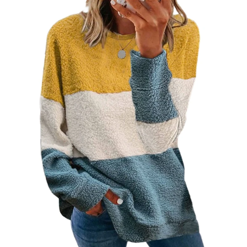 

Women Long Sleeve O-Neck Sweatshirt Fuzzy Plush Contrast Color Striped Tunic Top