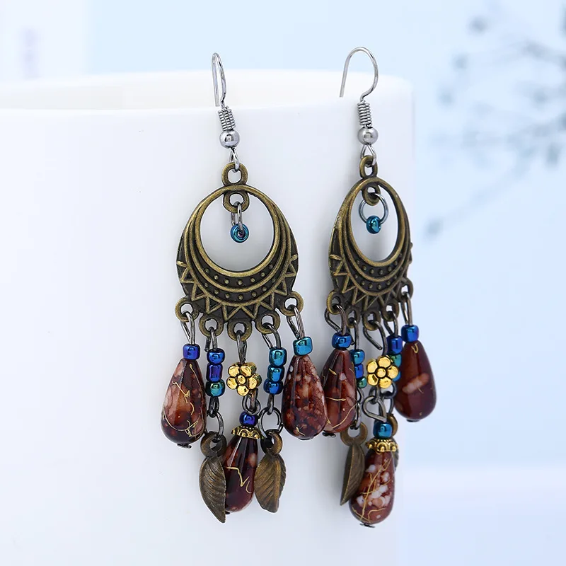 Fashionable European and American temperament Fashion handmade retro multicolor long fringed bronze earrings | Украшения и