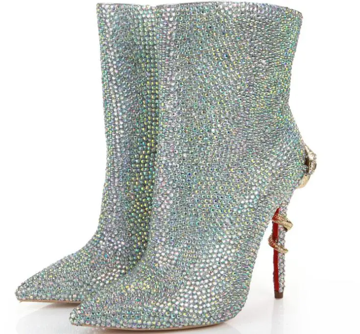 Ботильоны с украшением в виде кристаллов свадебные ботинки красной подошвой и