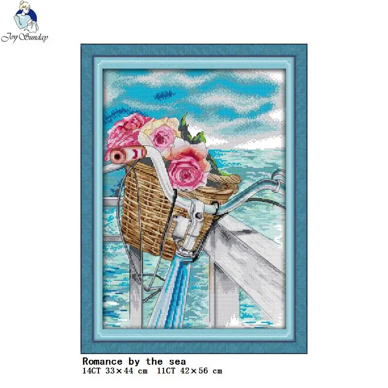 

Flowers by the Sea Bicycle Count Cross Stitch Kits 14CT 11CT Canvas Printing Embroidery Set Needlework Home Decoration Painting