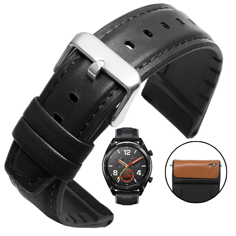 black silver buckle Ремешок из натуральной кожи и силикона для huawei Watch GT Watch 2pro Dream Magic watch ремешок 22 мм смарт-часы браслет - Цвет ремешка: black silver buckle