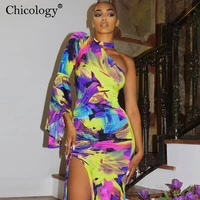 chicology tie dye print halter split one shoulder maxi dress women long flare sleeve party 2019 autumn winter sexy club clothes