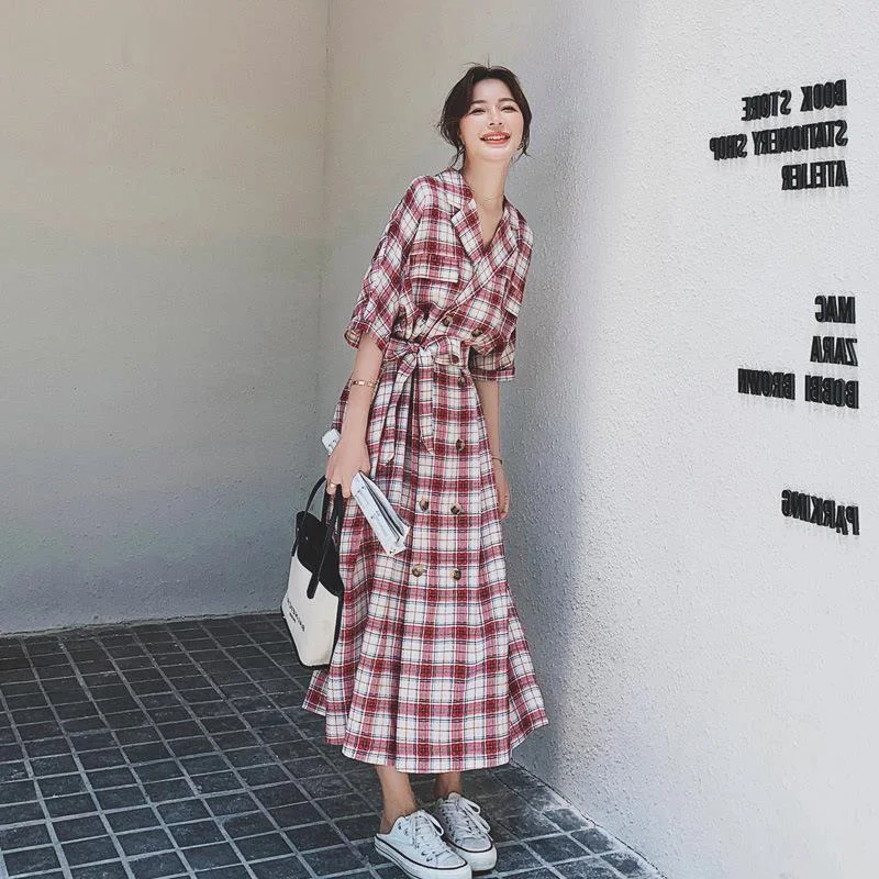 

Summer Preppy Style Korean Short Dress Notched Slim Casual Temperament Retro Mid-Calf Classical Red Plaid Dress Women's Dress