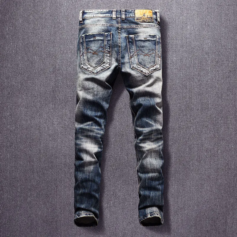 Italian Style Fashion Men Jeans Retro Dark Blue Elastic Cotton Slim Fit Ripped Jeans Men Streetwear Vintage Designer Denim Pants