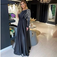 black elegant evening dresses satin beading sequined one shoulder pleat long formal party prom dress for women robes de soir%c3%a9e