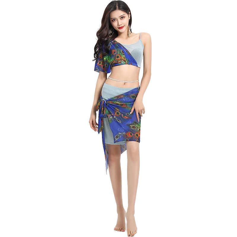

2020 Belly Dance Practice Clothing Female New Summer Sexy Mesh Clothes Belly Dance 2 Piece Set Oriental Dance Tops Hip Scarf