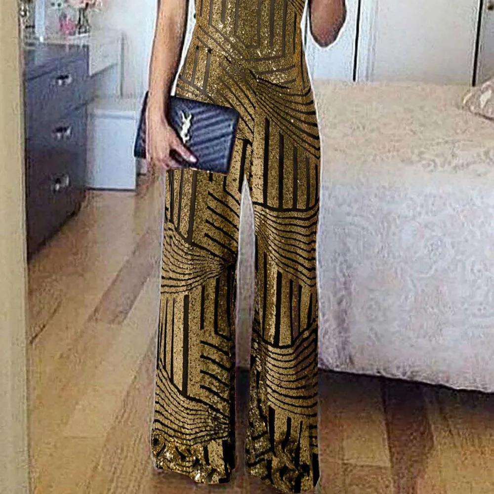 SEBOWEL Woman Summer Geometric Stripe Sequins Sleeveless Wide Leg Jumpsuit Female Black/Apricot Spahetti Strap Sparkle Rompers |