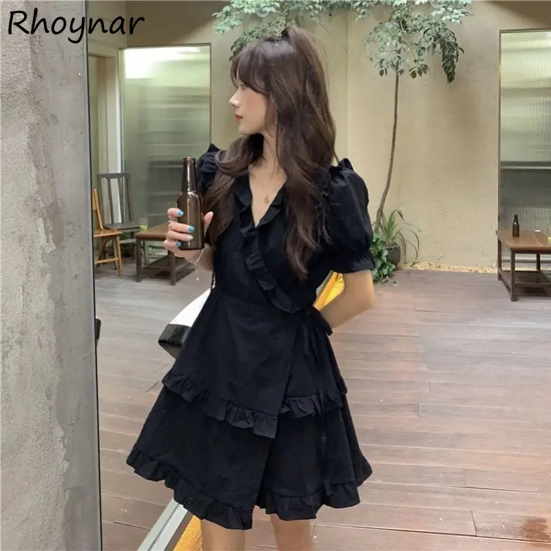 

Dress Womens Summer Daily Leisure Solid Elegant New Female Korean Style Vintage Soft Ruffles Chic Fit Above Knee Clothing Tender