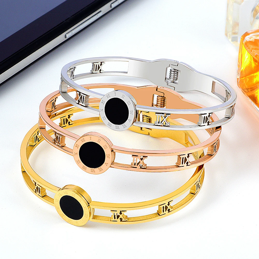 

Hollow Roman Letter Bracelet Bangle Black Charms Gold Bangles For Women Fashion Jewelry