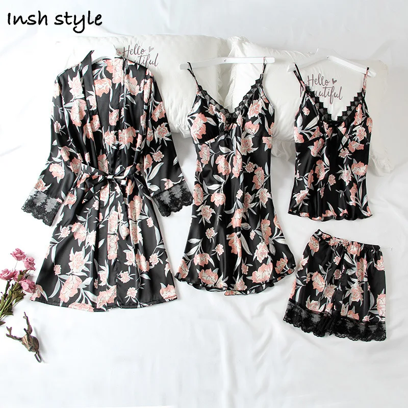 

4 Piece Pyjama Female Ice Silk Print Sexy Nightgown Women's Pajamas