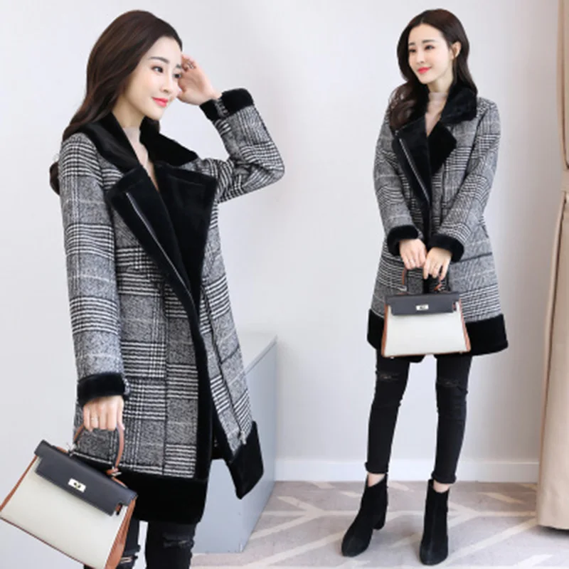 Женское шерстяное пальто большого размера вязаное с высоким воротником толстая