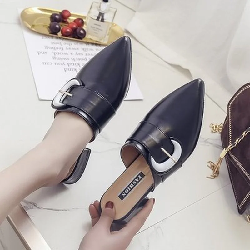 

2021 spring and summer new style outer wear Korean slippers fashion Baotou half slippers pointed toe mid-heel women's shoes