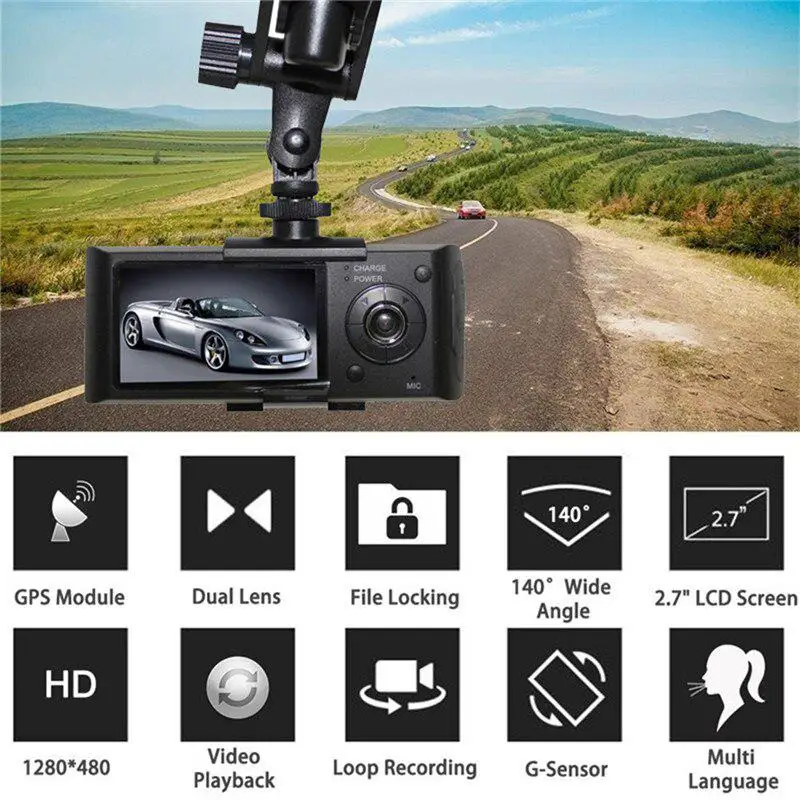 Автомобильный видеорегистратор R300 DVR Dash camera gps с двумя объективами g сенсор