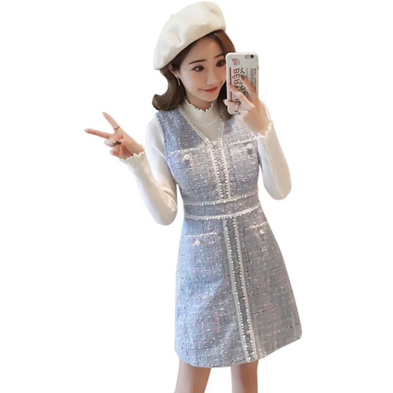 2019 осенне зимнее женское милое платье жилет с v образным вырезом и карманом