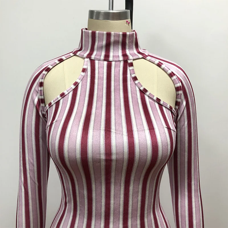 

Rompers Womens Jumpsuit Sexy Turtleneck Hollow Out Long Sleeve Striped High Waist Retro Leisure Bodysuit Wholesale Dropshipping