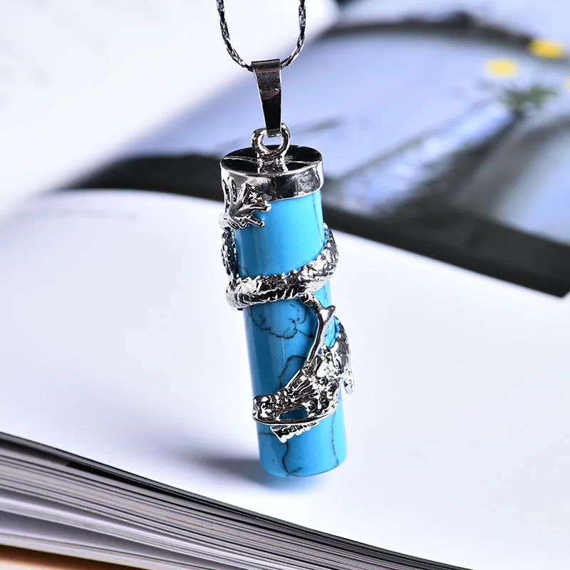 Turquoise 1 шт. натуральный кристалл минеральные ювелирные изделия дракон кулон в форме колонны guardian Мода Пара кулон ожерелье DIY подарок орнамент - Цвет: Turquoise