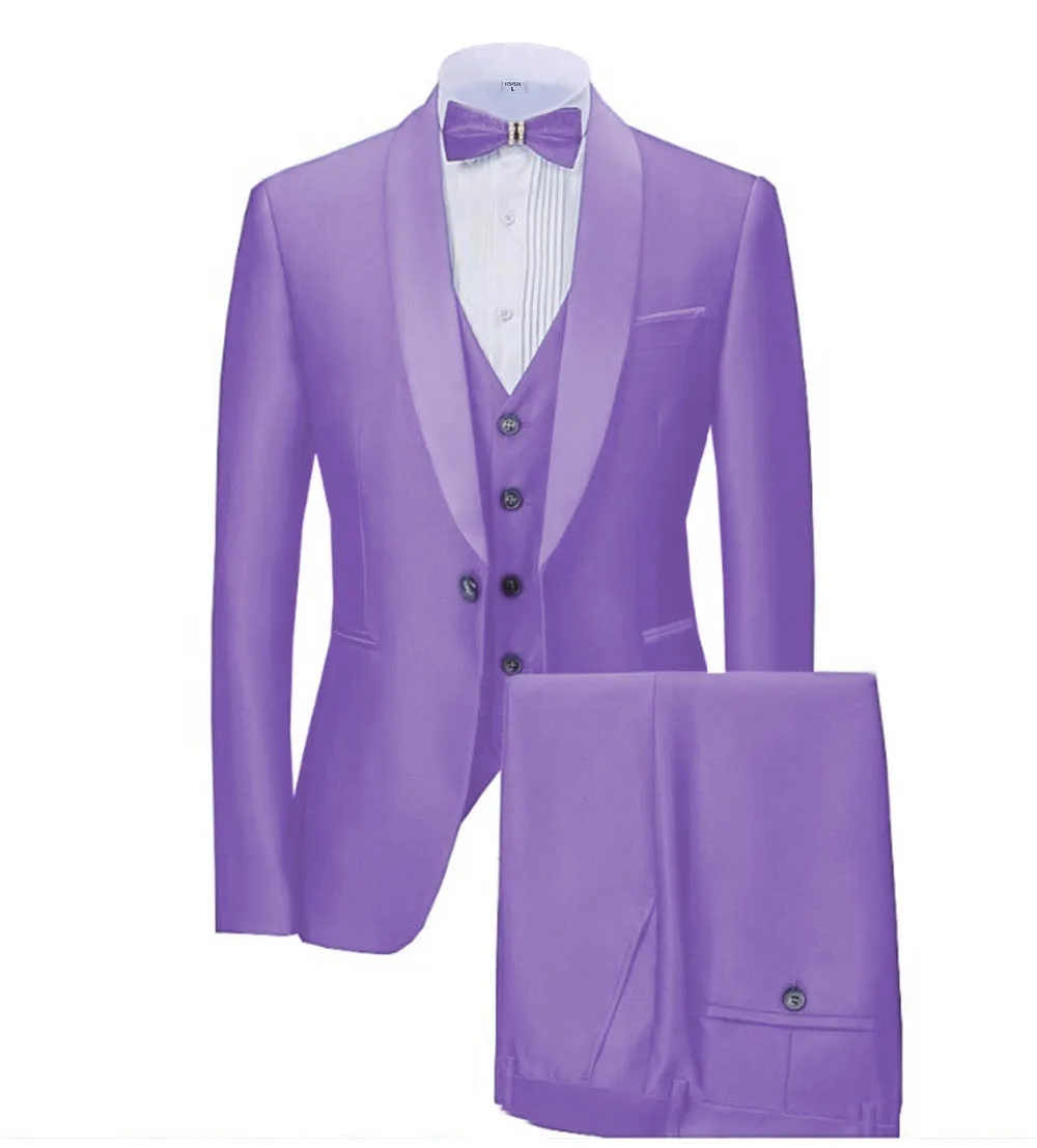 light purple Новинка, темно-синие мужские костюмы, 3 предмета, деловой Блейзер, смокинги, шаль с отворотом для свадьбы, жениха(пиджак+ жилет+ брюки - Цвет: light purple
