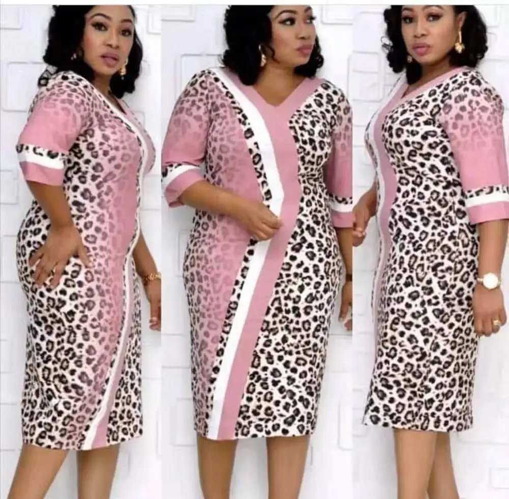 

Africaine femme 2019 Leopard middle sleeve African women's dresses plus size sexy slim women dresses for african lady