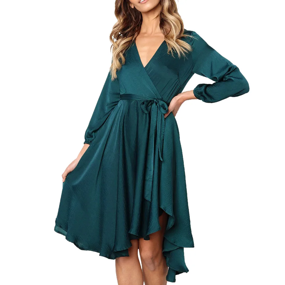 Модное женское платье сексуальное мини с длинным рукавом и бантом на