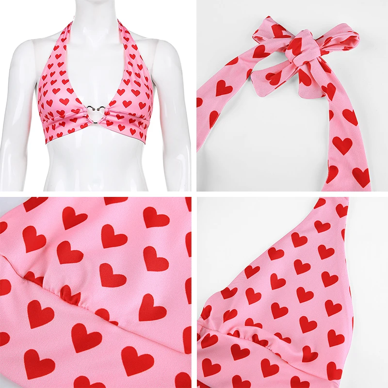 

Y2K Pink Heart Print Corset Top Women Aesthetic Sexy Sleeveless Backless Halter Crop Top Lace Up Bralette Cute Knitted Camisole