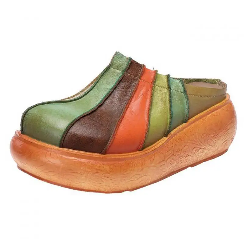 

Johnature Mixed Colors Slippers Genuine Leather 2021 New Summer Women Shoes Slides Wedges Outside Wear Platform Ladies Slippers