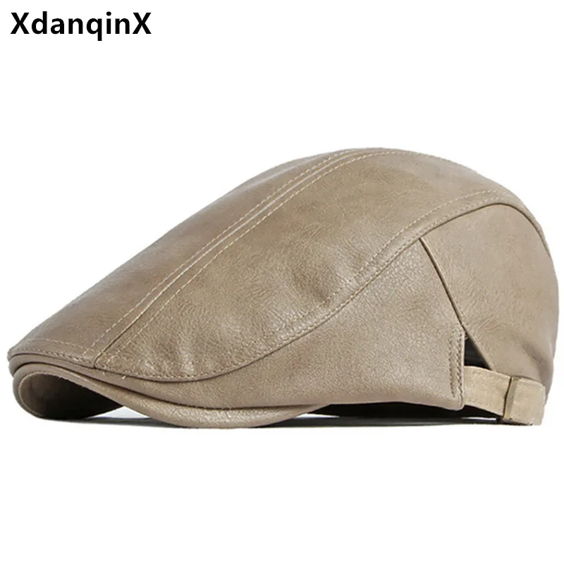 

XdanqinX New Winter Men's PU Faux Leather Cap Retro Warm Berets Solid Simple Casual Sports Cap Snapback Hat Male Bone Dad's Hats
