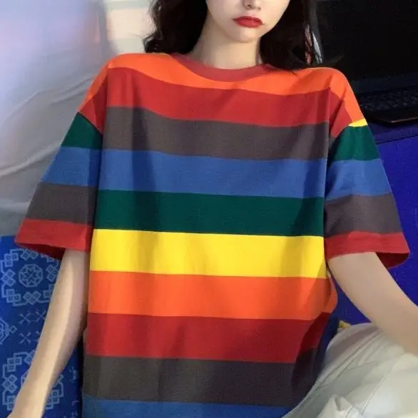 

Korean Summer Women'S Harajuku Color Striped O-Neck Blouse T-Shirt Tide Ins Casual Loose Short-Sleeved Oversized T-Shirt 2021