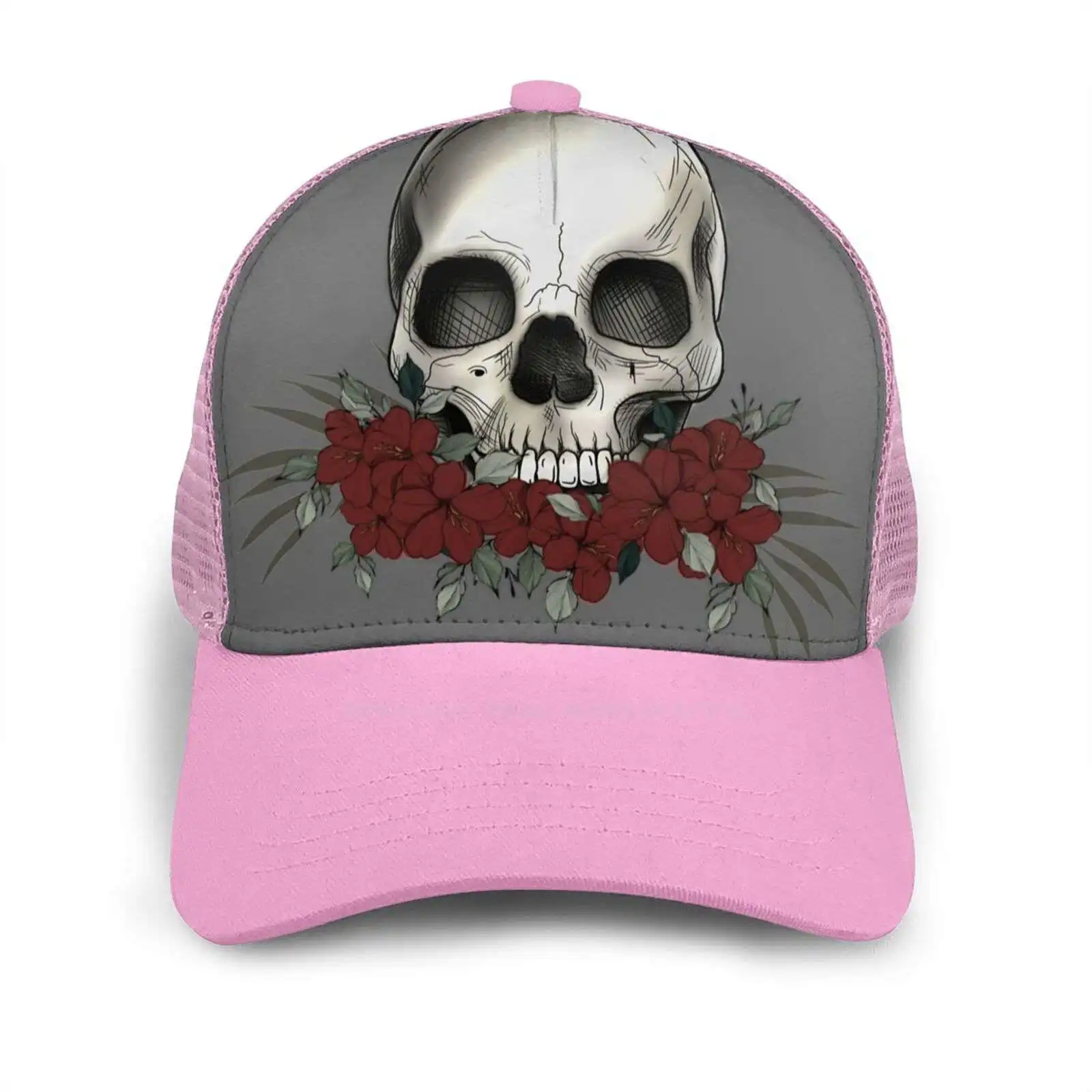 

Floral Skull Adjustable Snapback Hats Cap For Men Women Skull Red Deep Red Dark Red Halloween Flowers Red Flower Skull