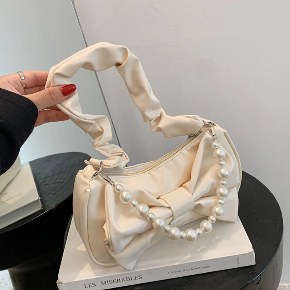 

Женская плиссированная сумка на плечо, Повседневная маленькая сумка на плечо с жемчужной цепочкой и бантом, однотонная, 2021