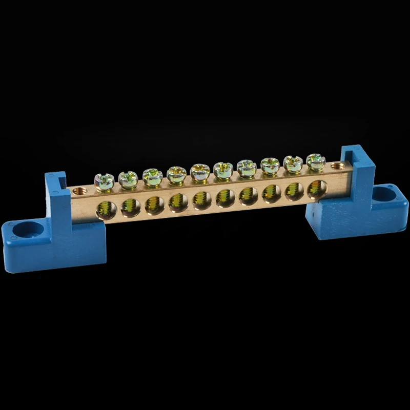 

Terminal Block Blue Terminal Bus Bar 10 Positions Screw Brass Terminal Grounding Strip Bus Bar Block Pack of 5