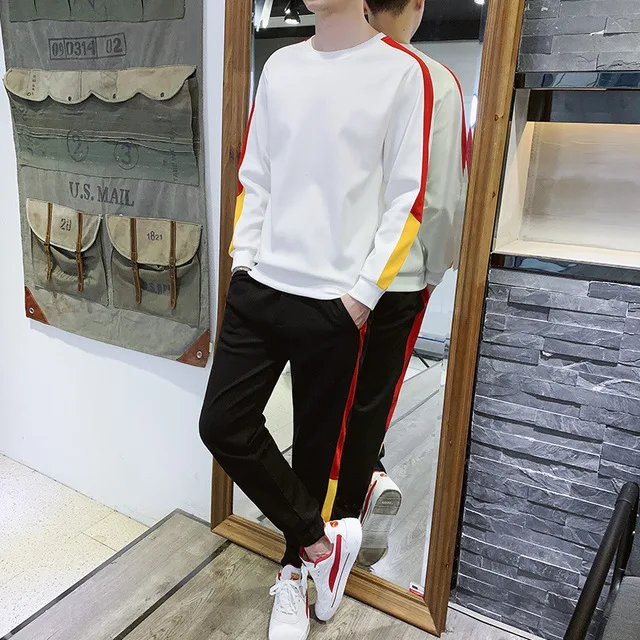 

Rlyaeiz 2019 New Sportswear Men Spring Autumn Set Men Tracksuit O-neck Striped Sleeve Hoodies + Pants Men Casual Sporting Suits