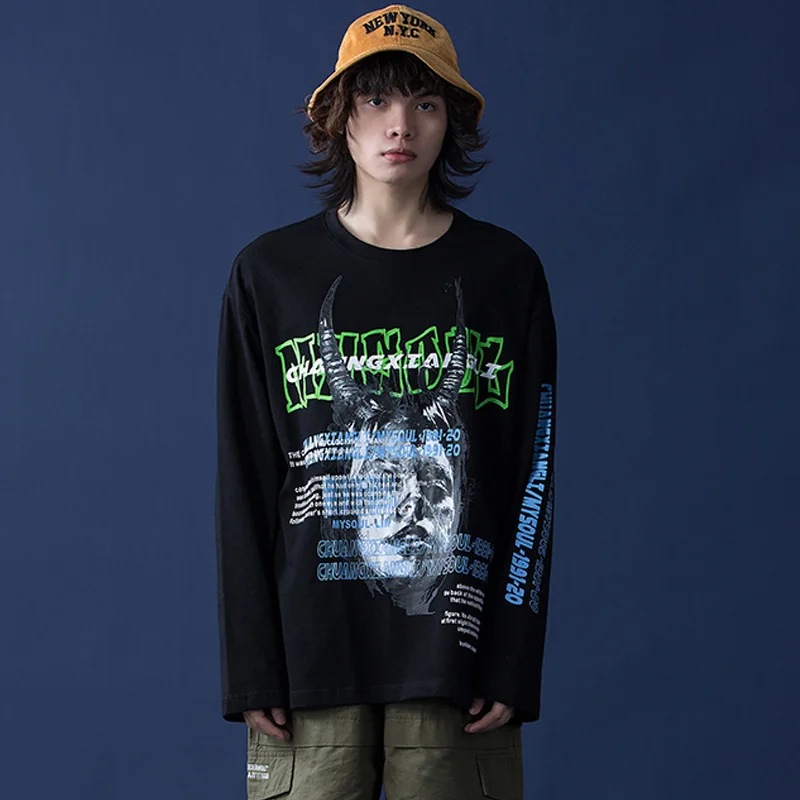 

Spring Long Sleeve T Shirts Men Hip Hop Streetwear Demon Printed Tees Shirts Fashion Casual Loose Cotton Tee-shirt Mens Clothing
