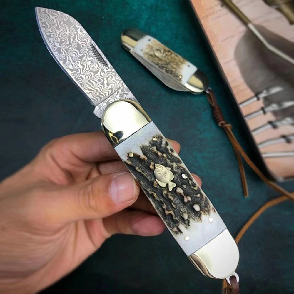JSSQ Луна тактический для охоты Ножи дамасский нож латунь ручка Олений Рог на