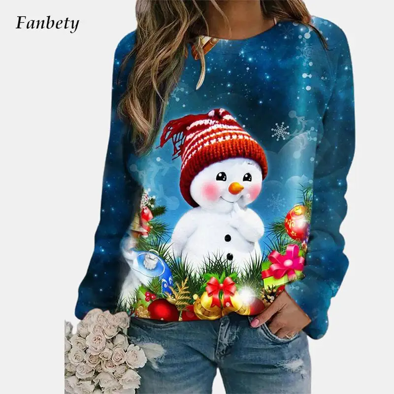 

Женские топы с круглым вырезом и длинным рукавом, свитшоты, модная толстовка с рождественским принтом снеговика, уличная одежда, свободные ...