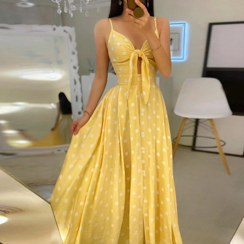

Sexy Summer Women V-Neck Sling Backless Dress Elegant Hollow Out BowKnot Long Party Dress Fashion Femme Dot Maxi Dress Vestido