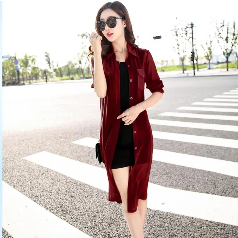 #3535 черная красная зеленая белая Солнцезащитная длинная рубашка для женщин