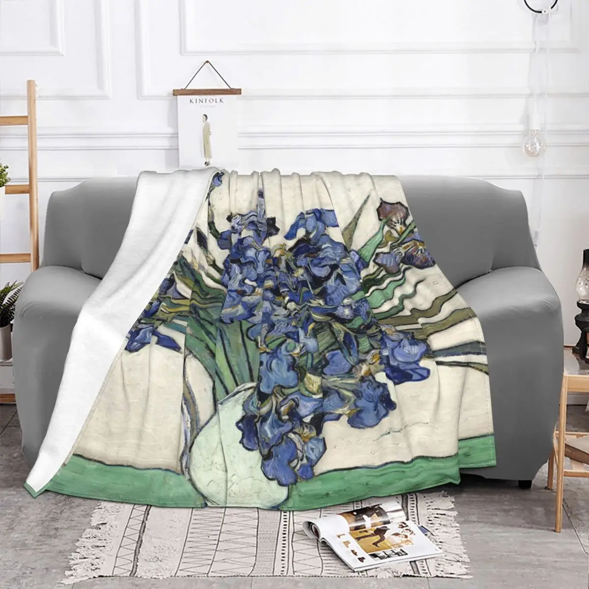 Manta a cuadros con capucha de Vincent Van Gogh para la cama, manta con estampado de los Irises, a cuadros, con capucha-1