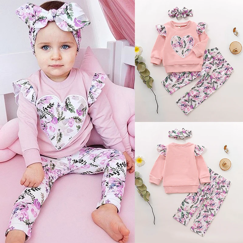 Floral Baby Girls Clothes Kids For 3Pcs Set Ruffle Tops+Pants+Headband Flower Print Toddler Girl Clothing D30 |