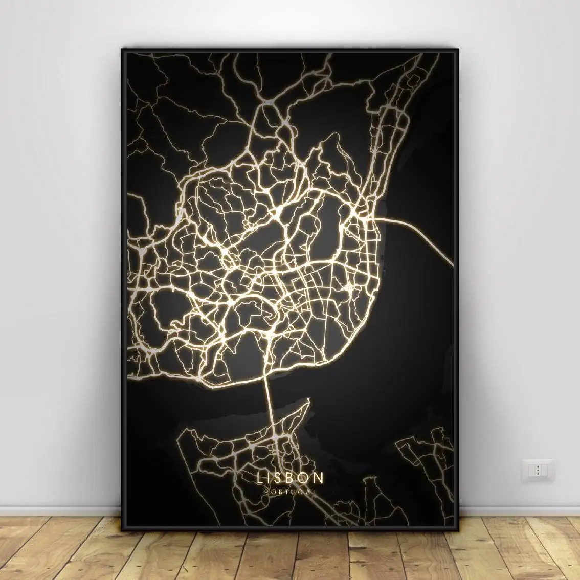 

Lisbon Porto Black and gold Canvas Wall Art Map Poster