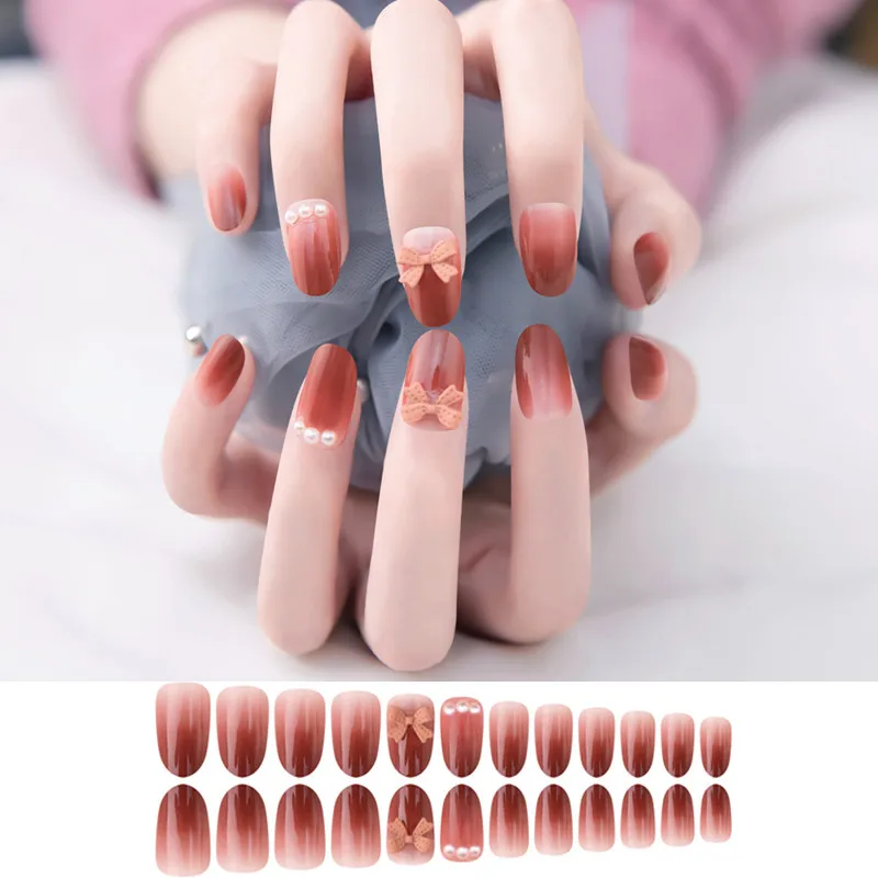 

24 шт. градиентные накладные ногти изысканный жемчуг и бант декор для девушек длинный абзац полное покрытие накладные ногти Типсы салонные ...