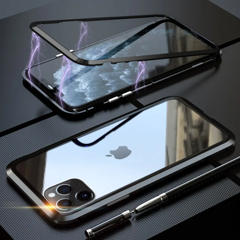 Магнитный адсорбционный чехол для телефона iPhone 11 Pro Max, чехол с магнитом для iPhone 11 Pro Max, чехол, чехлы из металла, Bumber Coque - Цвет: Black