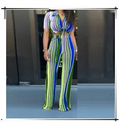 Boho полосатый Печатный комплект из двух частей для женщин с отложным воротником и коротким рукавом, укороченный топ с высокой талией, широкие брюки, повседневные Костюмы