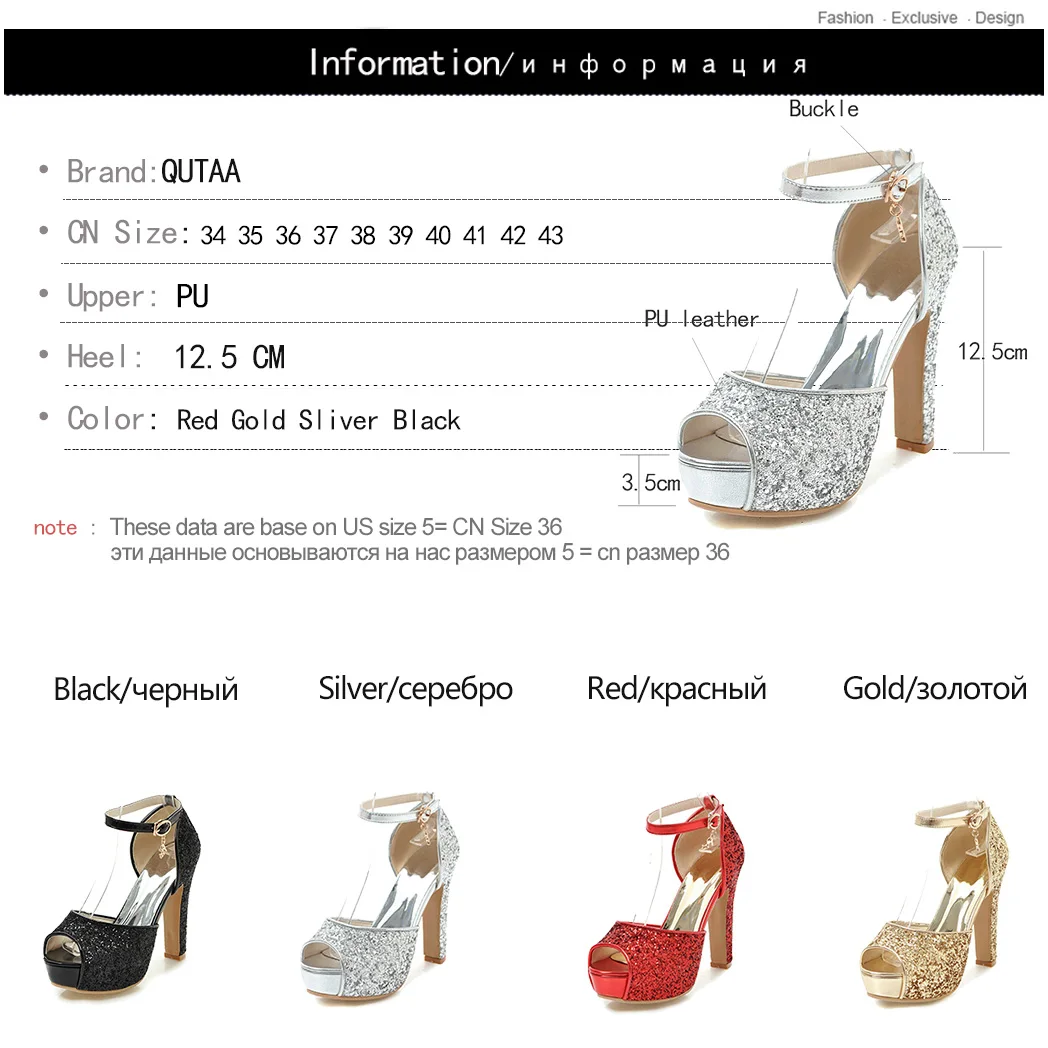 Женские босоножки на платформе QUTAA черные очень высоком устойчивом каблуке с