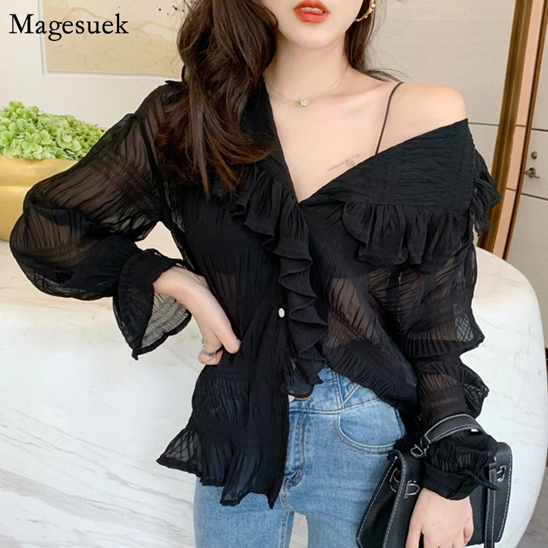 

Autumn Sexy V Neck Cardigan Women Blouses Solid Ruffles Pleated Blouse Femme Puff Sleeve Chiffon Blouse Women 2021 Blusas 10572