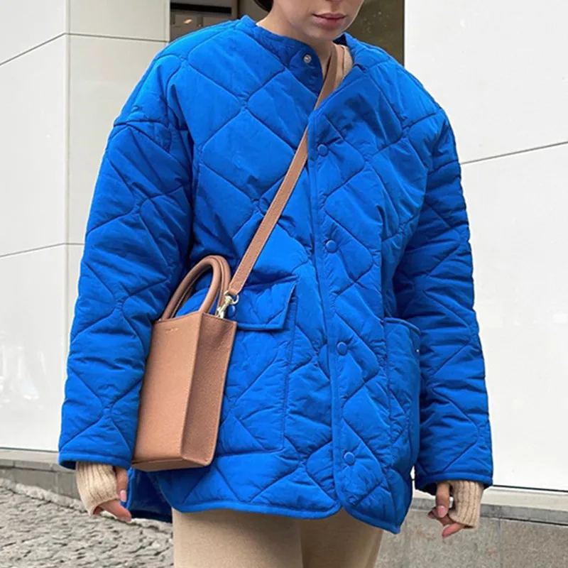 

Autumn Winter Warm Parkas Quilted Jackets Coats Padded Women Oversized Blue Long Sleeve Loose Fashion Cotton Coats Outwear