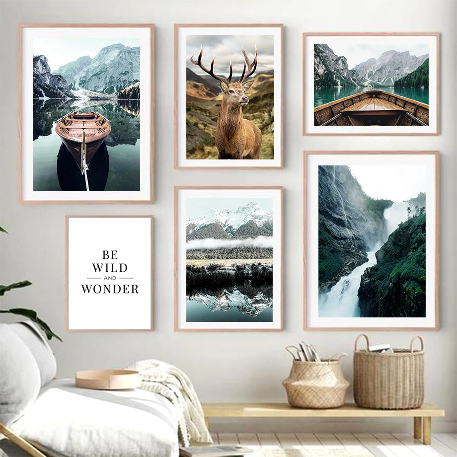 

Настенная картина с изображением снега, гор, озера, лодки, леса, коровы, оленя, постеры и принты на холсте в скандинавском стиле, картины с при...