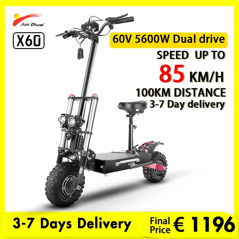 

Электрический складной скутер, максимальная скорость 85 км/ч, 5600 Вт, двойной мотор, для взрослых, электроскутер, 11 дюймов, внедорожные шины, Эл...