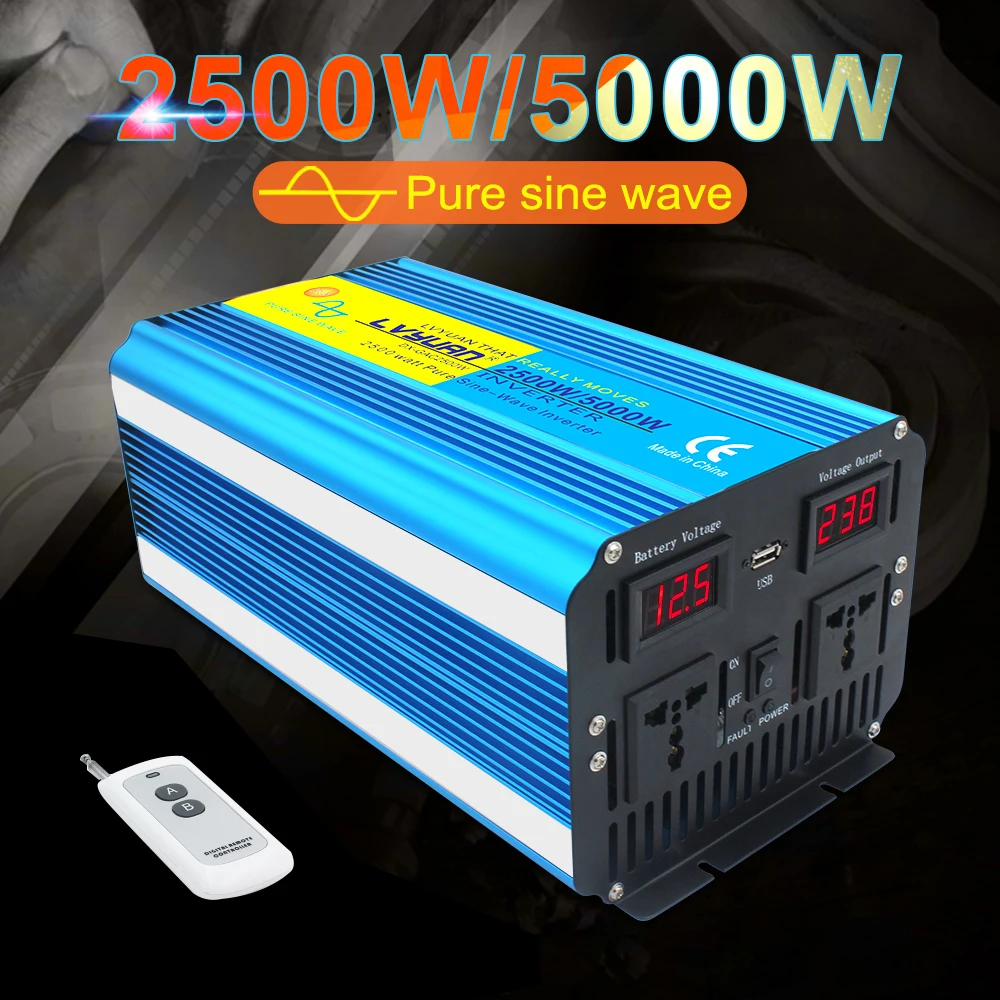 

DC 12V/24V to AC 220V 230V 240V 5000W Pure Sine Wave Power Inverter Wireless Remote Control LED Display UK/Universal Socket